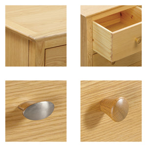 Our Moreton Oak furniture collection offers a light oak finish and exceptional storage capacity despite smaller dimensions. This 3 drawer bedside is available with a choice of metal or wooden knob handles.