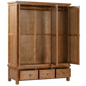 Bicester Rustic Oak Triple Wardrobe with 3 Drawers | A Touch of Furniture