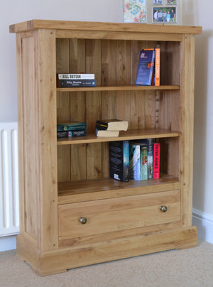 Wessex Oak Low Wide Bookcase with Drawer | A Touch of Furniture Oxfordshire
